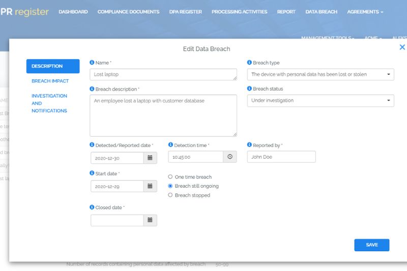 Data breach reporting interface highlighting a DPO's role in GDPR compliance and managing security incidents effectively.
