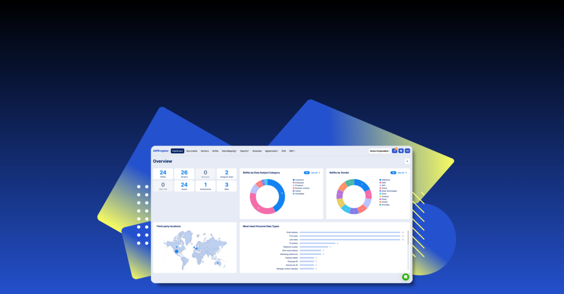 GDPR Register homepage hero image with headline “Make compliance simple” and dashboard preview showing GDPR compliance software features including RoPA tracking, vendor management, data mapping, breach reporting, and analytics charts.
